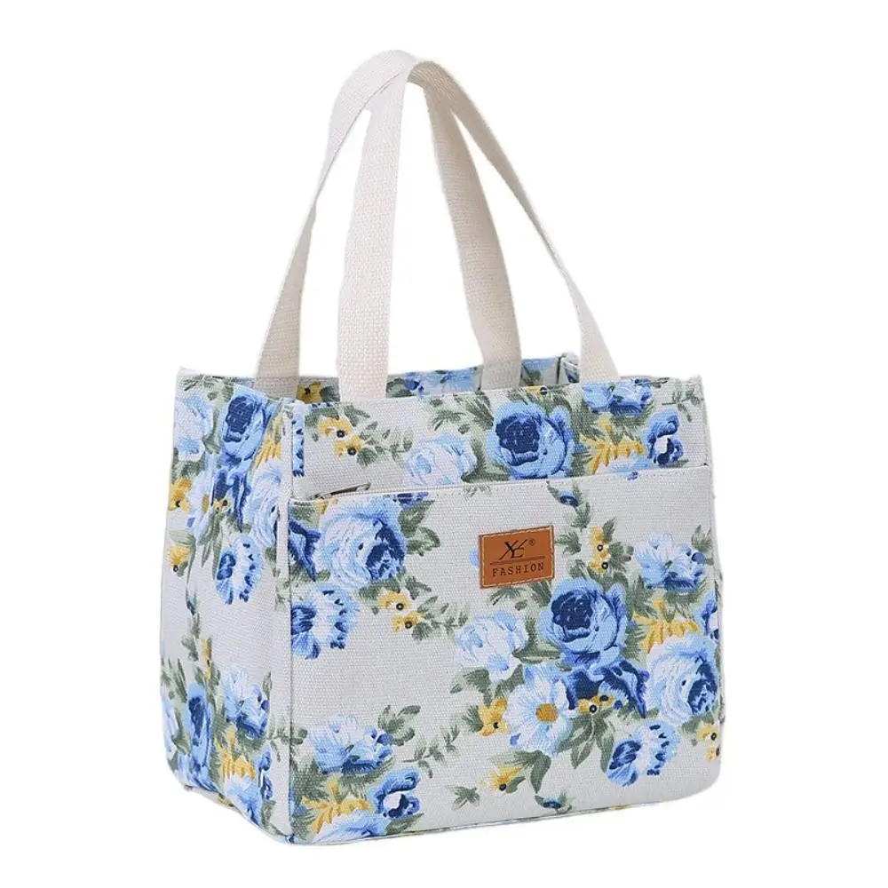 Multifunctional Insulated Floral Print Lunch Bag Zippered Large Capacity Handbag Japanese Style Foil Lining Tote Bag Worker