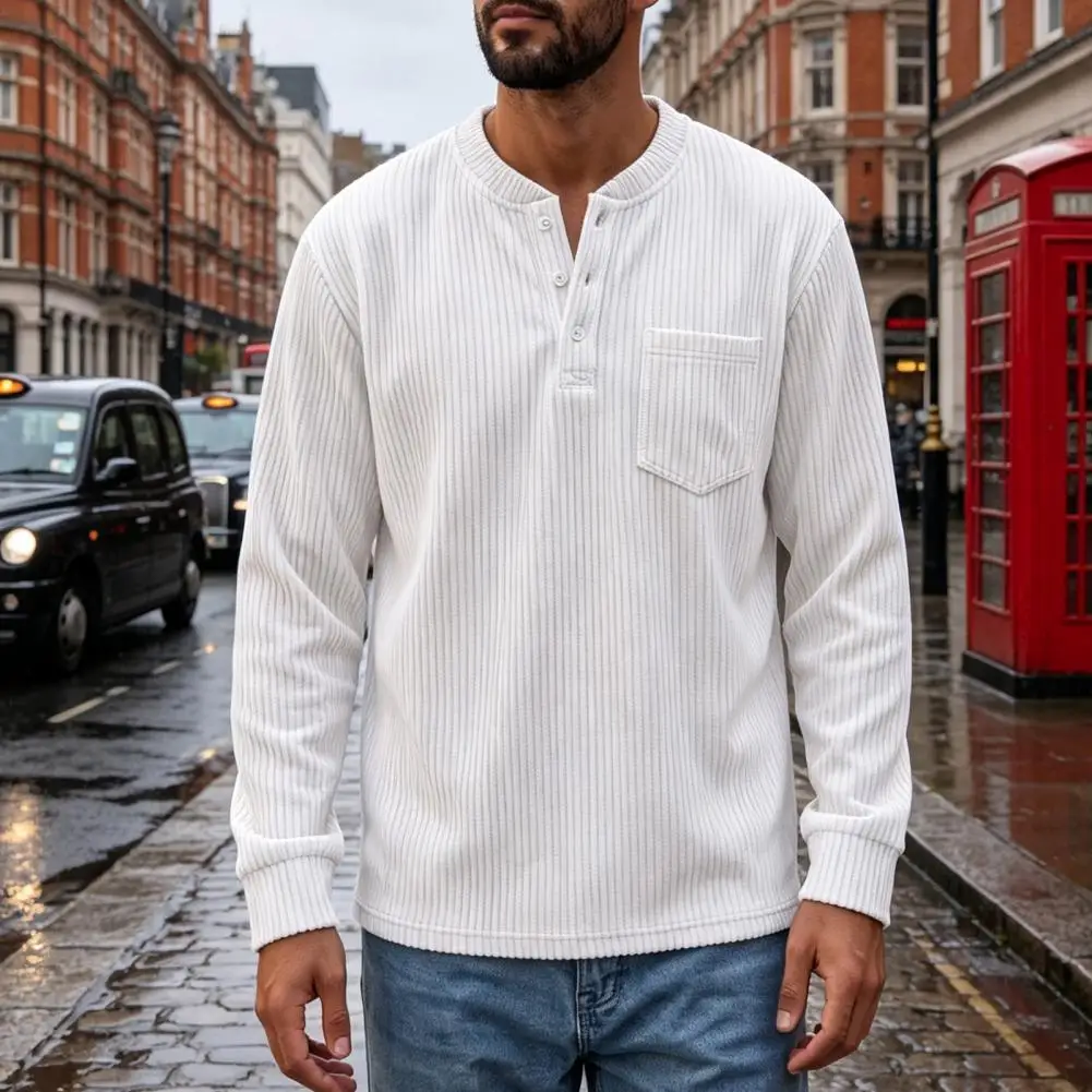 Men Corduroy Pullover Shirt, Long Sleeve Button Collar Shirt, With Chest Pocket, Loose Fit Ribbed Textured Sweatshirt