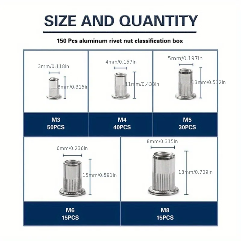 150 pz Rivet Dadi Pistola Mandrino Kit M3/M4/M5/M6/M8 o Dado Mandrini per rivetti Strumento di riparazione Pistola per rivetti Vite a testa piatta Pop Dado Pistola per rivetti Set