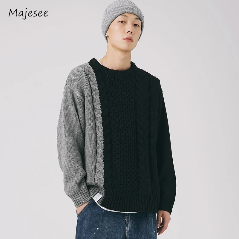 

Knitted Sweaters Men Winter Warm Korean Style Streetwear Contrast Color Daily Harajuku Round Neck Couple All-match Twisted New