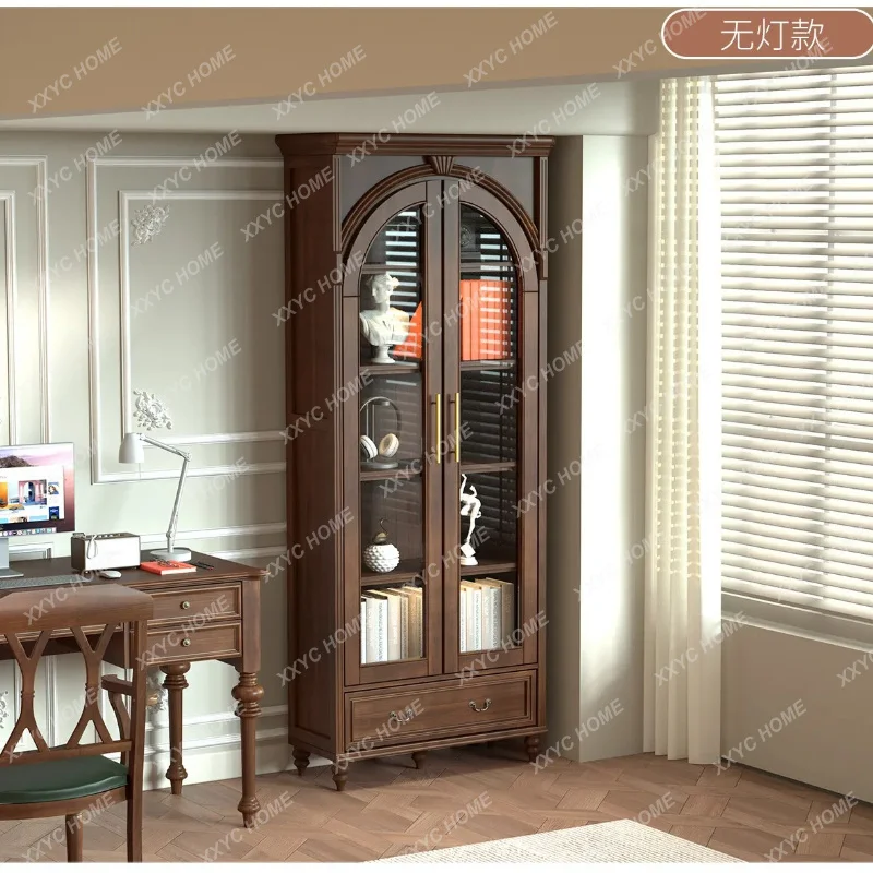 XX solid wood bookcase storage glass door bookshelf shelf with lamp floor-to-ceiling living room locker