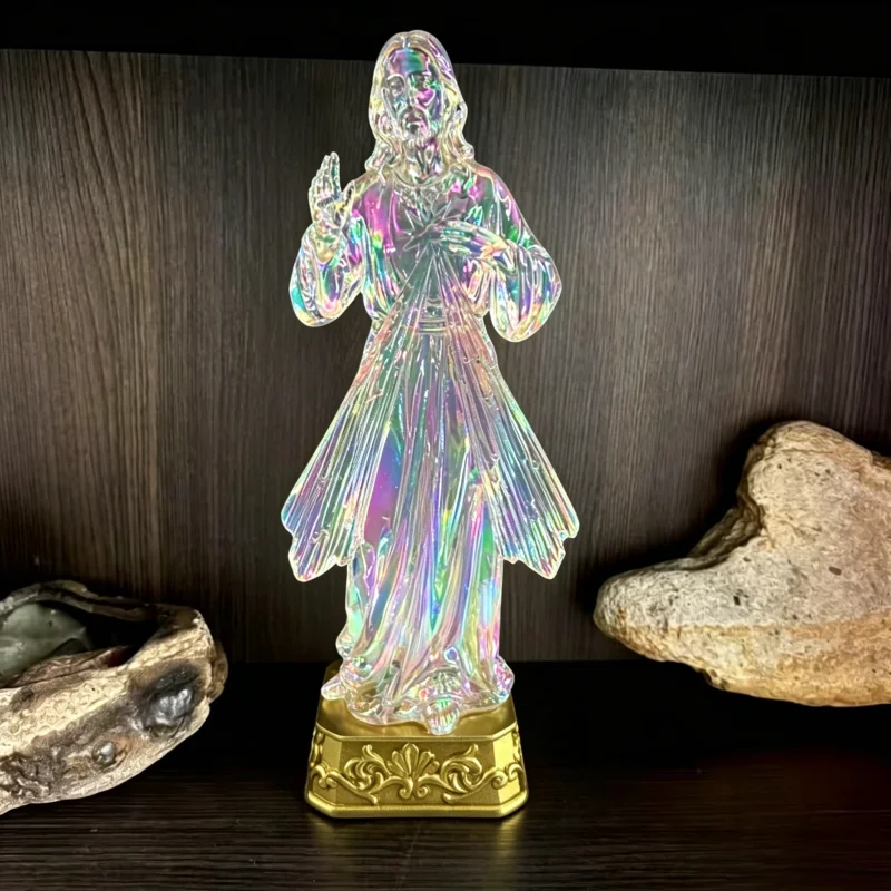 Statue de Jésus de la Divine Miséricorde transparente irisée, figurine en résine de Jésus-Christ arc-en-ciel avec base dorée, religieuse catholique