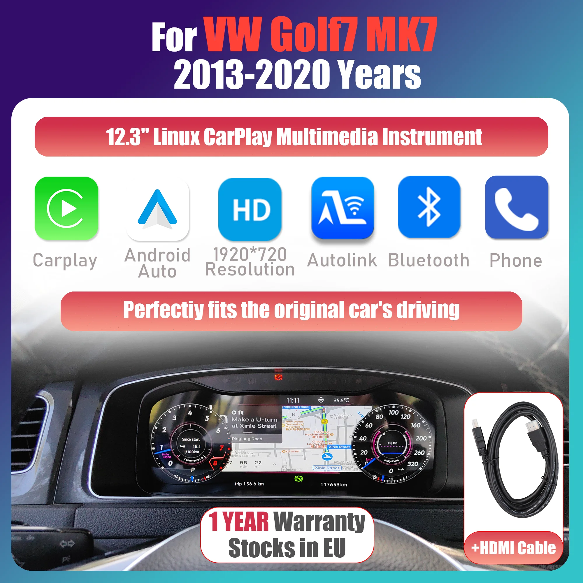 12,3” inch Linux LCD digitaal dashboard voor VW Golf 7 7.5 R-Line GTI GTE R MK7 2013-2020 Cluster Draadloze Carplay Android Auto Instrumentenpaneel Virtuele Cockpit