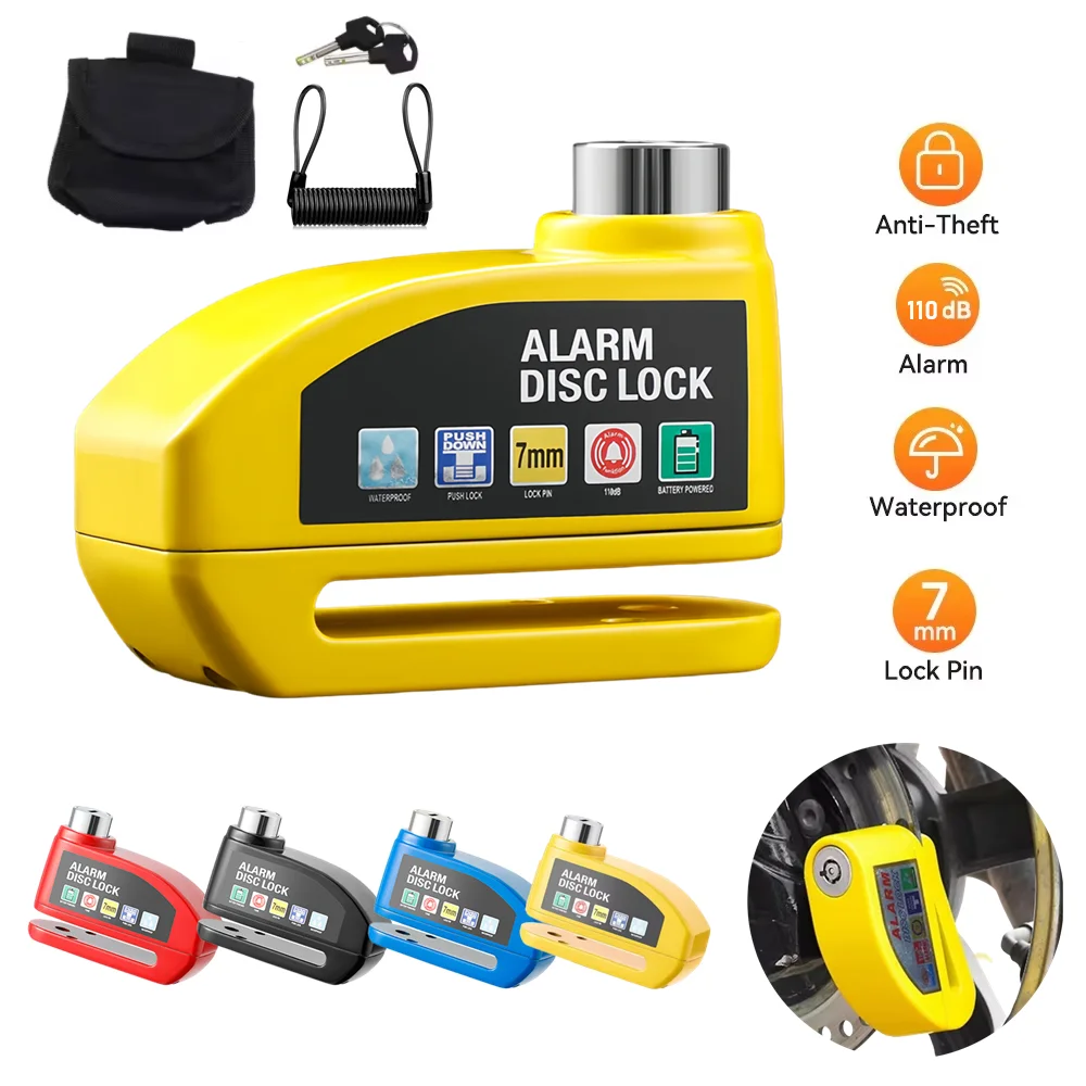 

110dB Waterproof Motorcycle Alarm Lock 7mm Pin Bike Scooter Security Protect Anti-theft Motorbike Disc Brake Parts Push-To-Lock