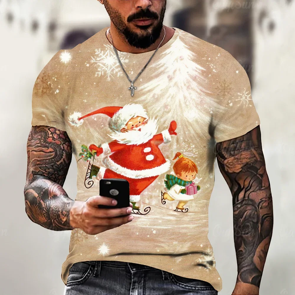 Camiseta navideña para hombre con estampado de Papá Noel en 3d, pantalón corto informal de calle, blusa Harajuku de manga, ropa holgada de talla grande para hombre