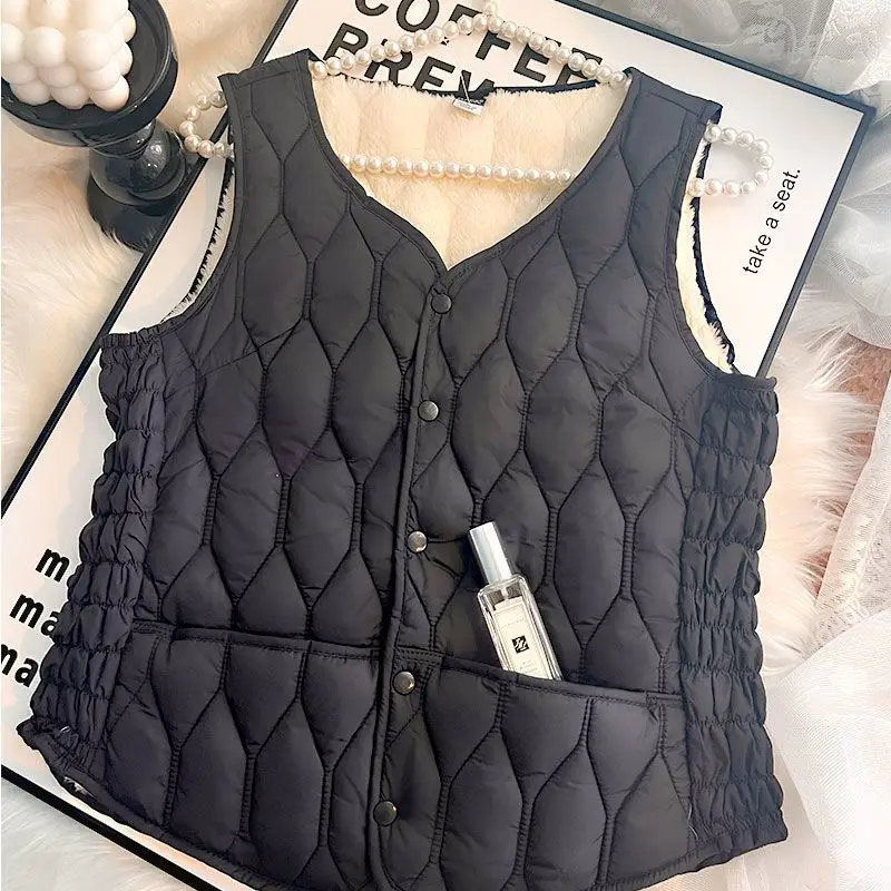 Autumn Winter Warm Wool Vest New Cold-weather Slim Vest Sleeveless Puffer Jacket Women Cardigan Women Waistcoat Tops Black White