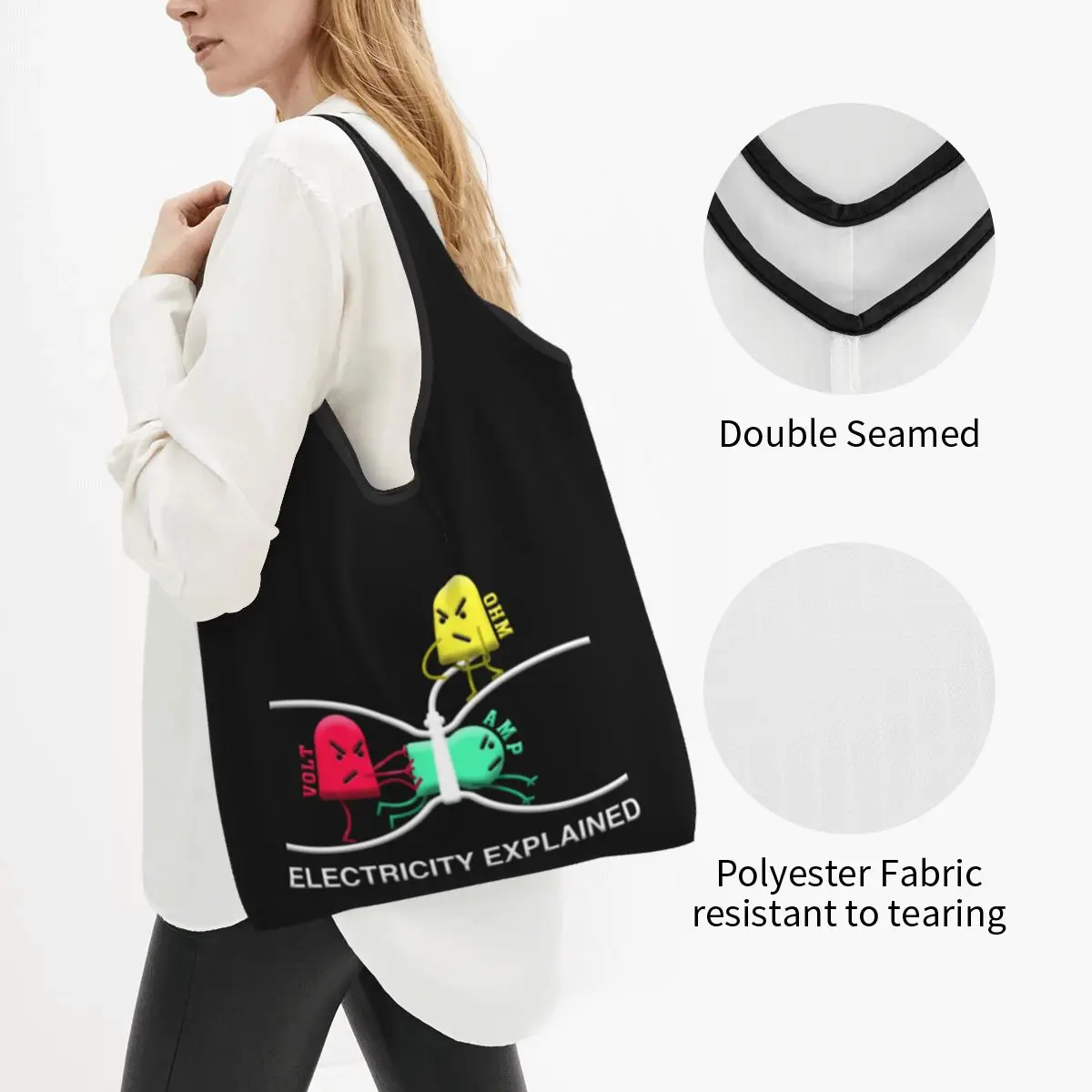 Reusable Funny Electrician Design Explains Electricity Shopping Bag Women Tote Bag Portable Engineer Grocery Shopper Bags