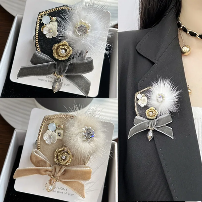 

Korean Rhinestone Pearl Bow Brooches for Women Flower Hairball Badge High-end Fixed Clothing Lapel Pins Jewelry Accessories