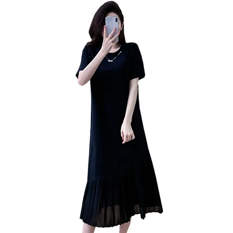 Plisowana Sukienka z Siateczkowymi Wstawkami, Długa, Luźna, Naszyjnik, Odpinana, Letnia Sukienka w Koreańskim Stylu na Lato 2025, Wyszczuplająca, z Okrągłym Dekoltem, Koszulowa Sukienka z Falbankami