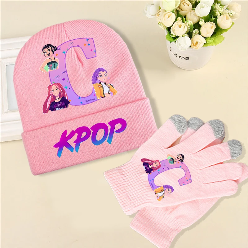 2 pçs kpop demônio caçadores chapéu de malha luvas terno dos desenhos animados carta impressa malha chapéus luvas conjunto crianças inverno acessórios quentes