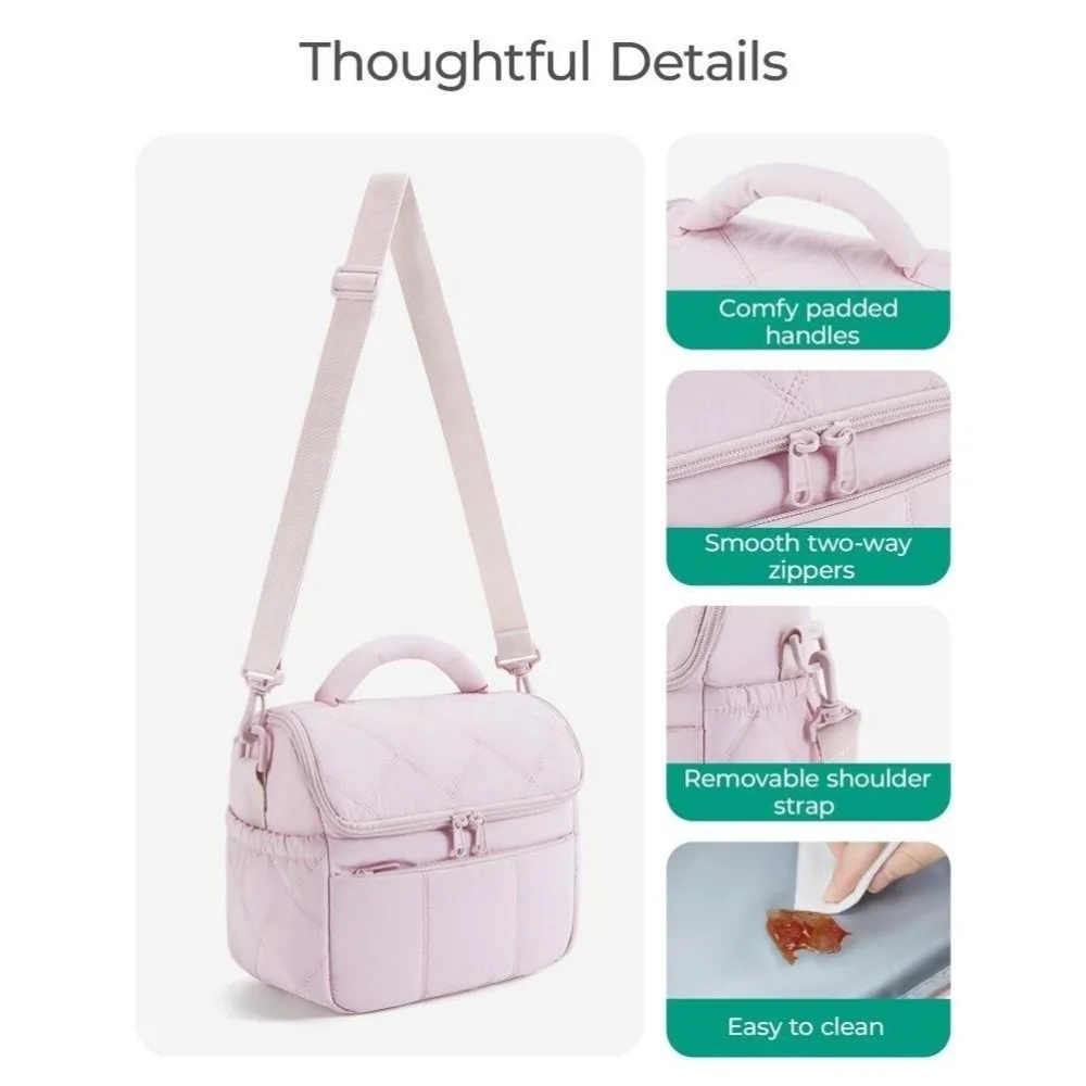 Quilted Puffer Insulated Lunch Bag Detachable Strap Soft Cooler Lunch Storage Waterproof Leakproof Lunch Tote Beach