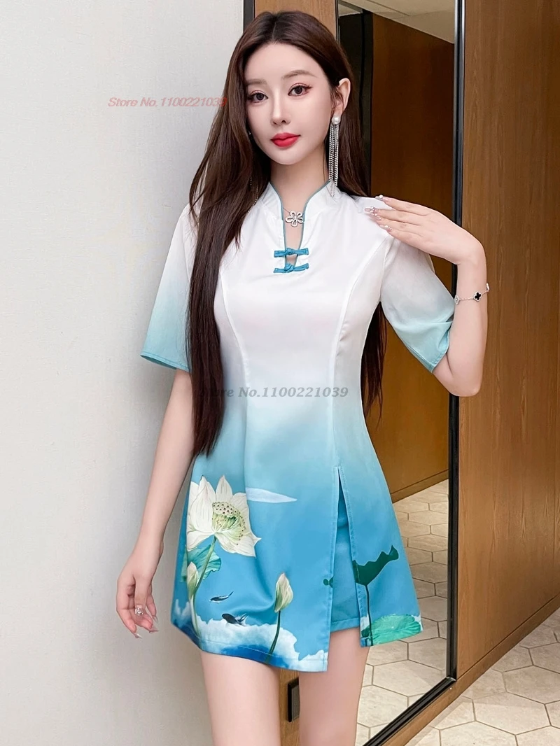 

Китайское сексуальное платье 2021, Cheongsam, платье Ципао с цветочным принтом + шорты, комплект, платье для ночного клуба, qipao, отель, спа, рабочее платье, униформа красоты