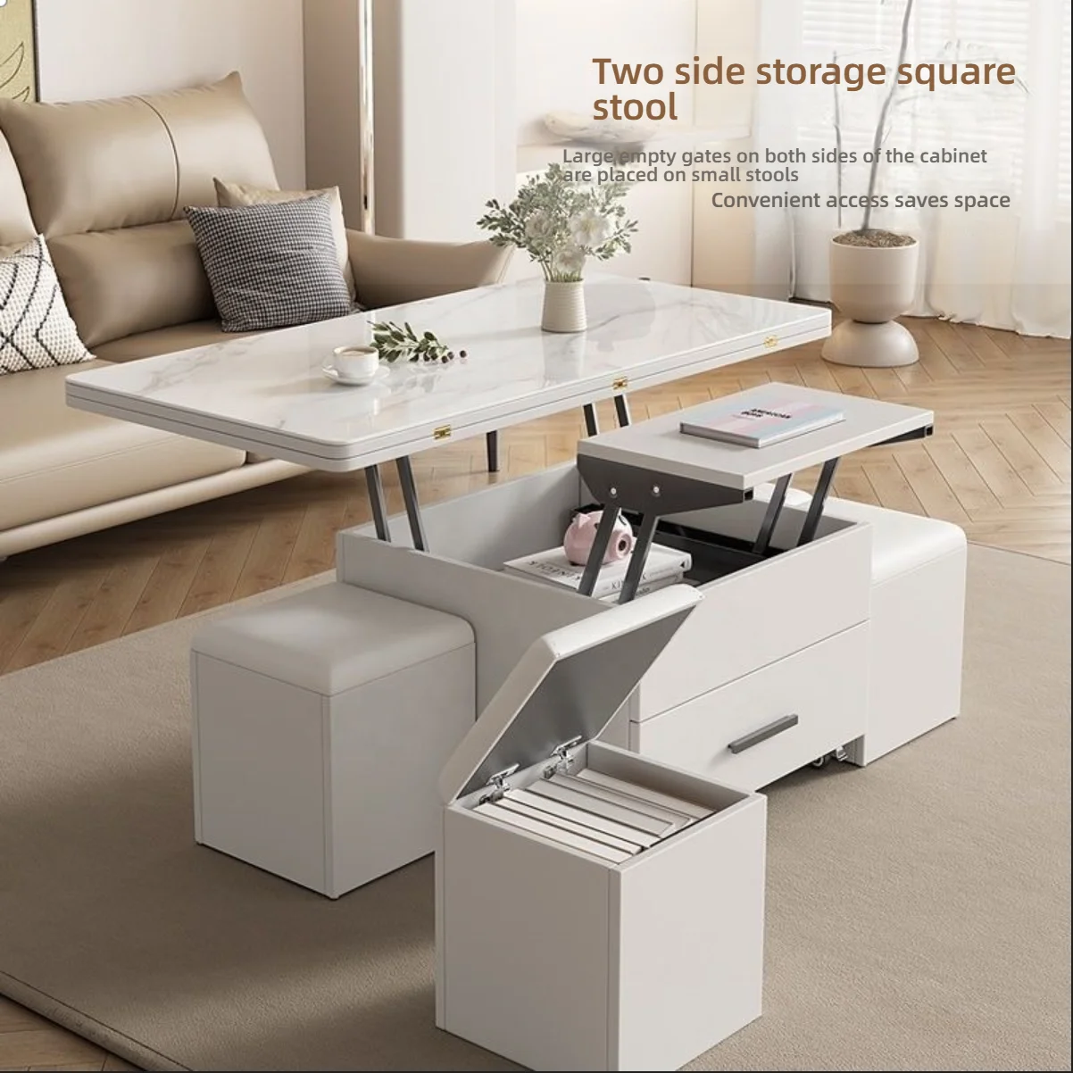 طاولة قهوة خشبية قابلة للطي مربعة متعددة الوظائف قابلة للتمديد، مناسبة لأثاث غرفة المعيشة المنزلية الحجرية #4