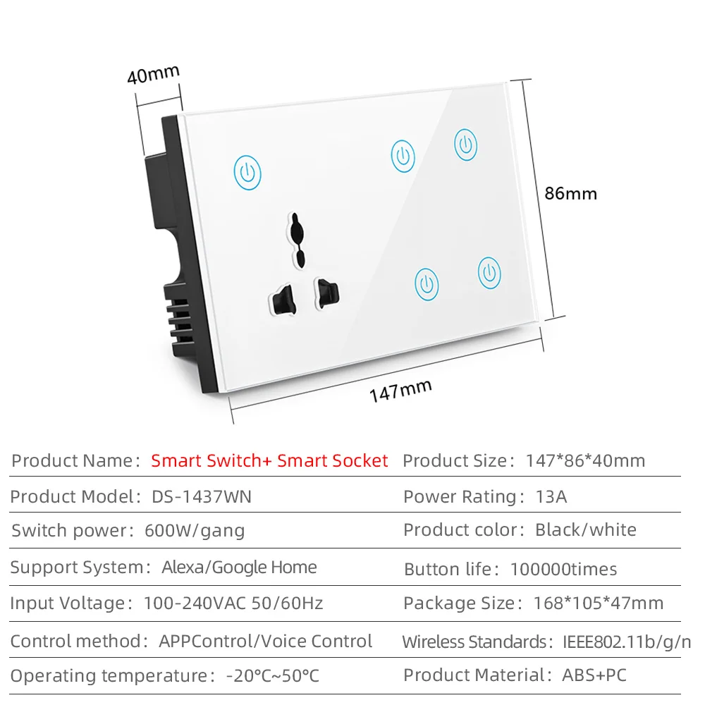 Smart WIFI 4Gang Socket Touch Switch With 3Pn Electrical Multi Function Wall WIFI Socket with Alexa Google Home