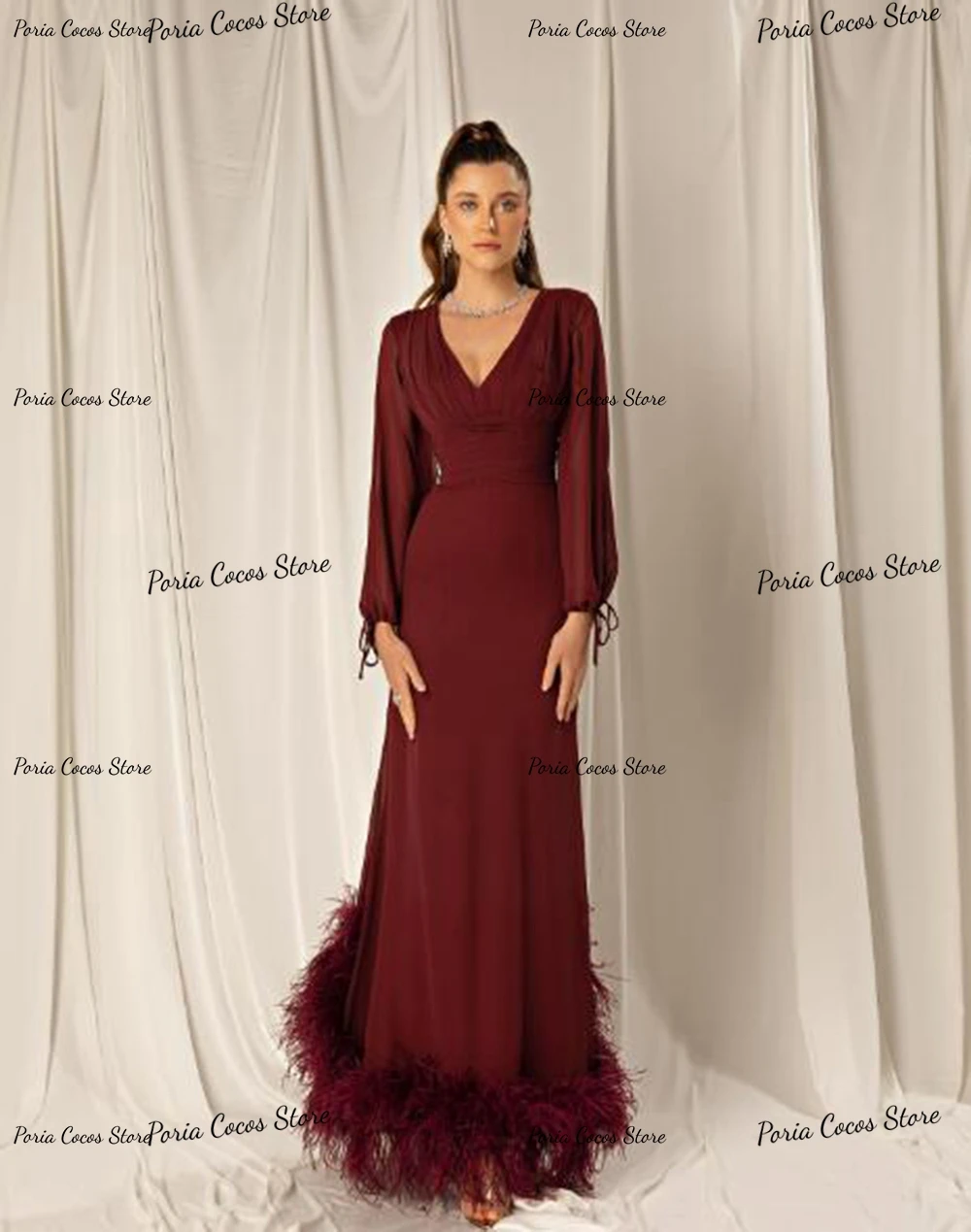 V Neck Long Sleeve Illusion Elegant Mermaid Dress Feathers Celebrity Banquet  Vintage Evening es فساتين سهرة فخمه