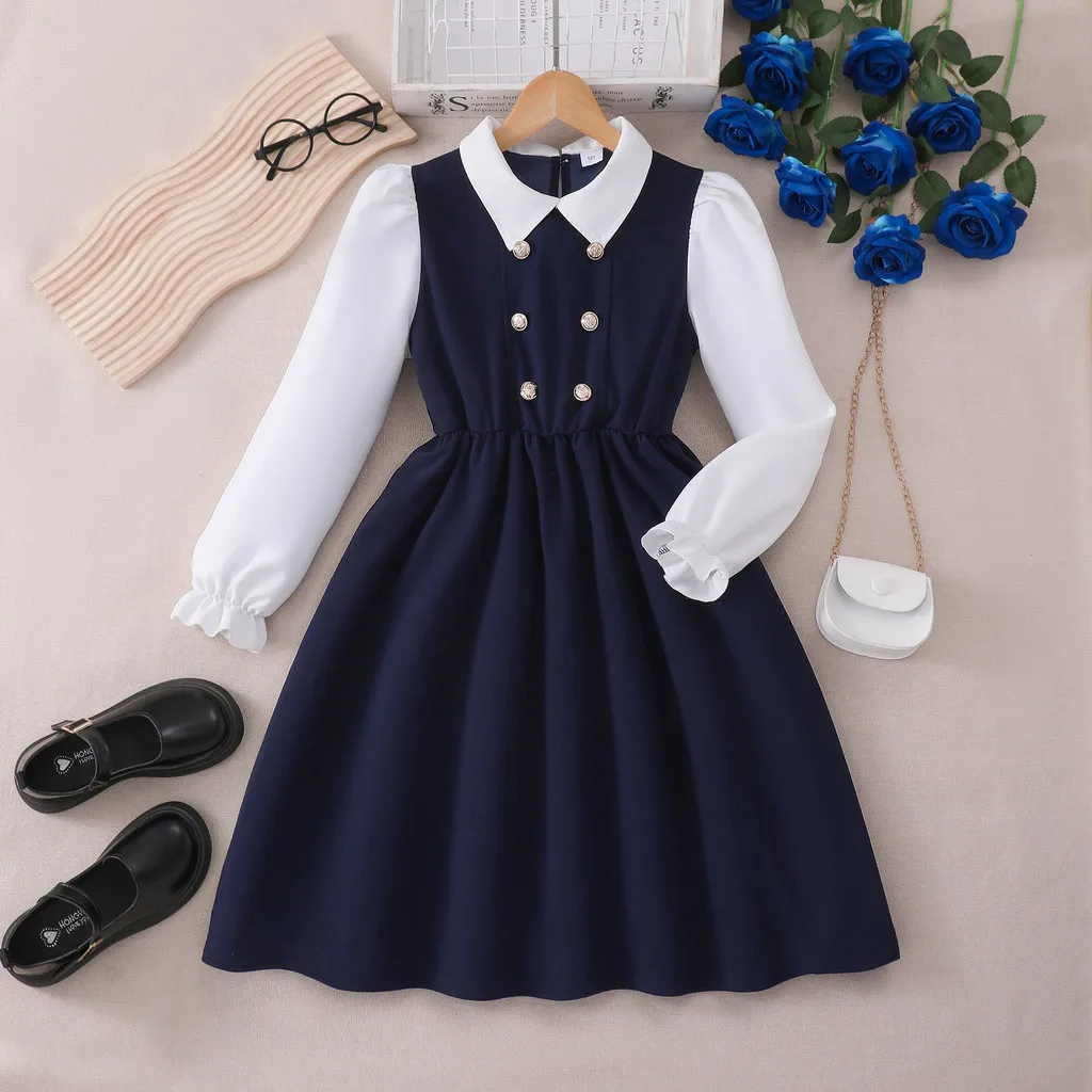 

Blue Kids Girl Dress Summer Autumn Long Sleeve College Children Dress Casual Fashion Girl Birthday Party Dress 8 9 10 11 12 Yrs