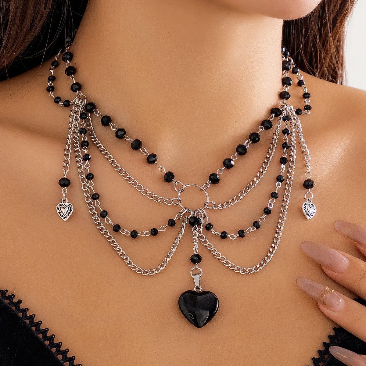 PuRui New Goth Crystal Beads Tassel Choker for Women Black Glass Heart Pendant Necklace Jewelry On The Neck Punk Girls Party