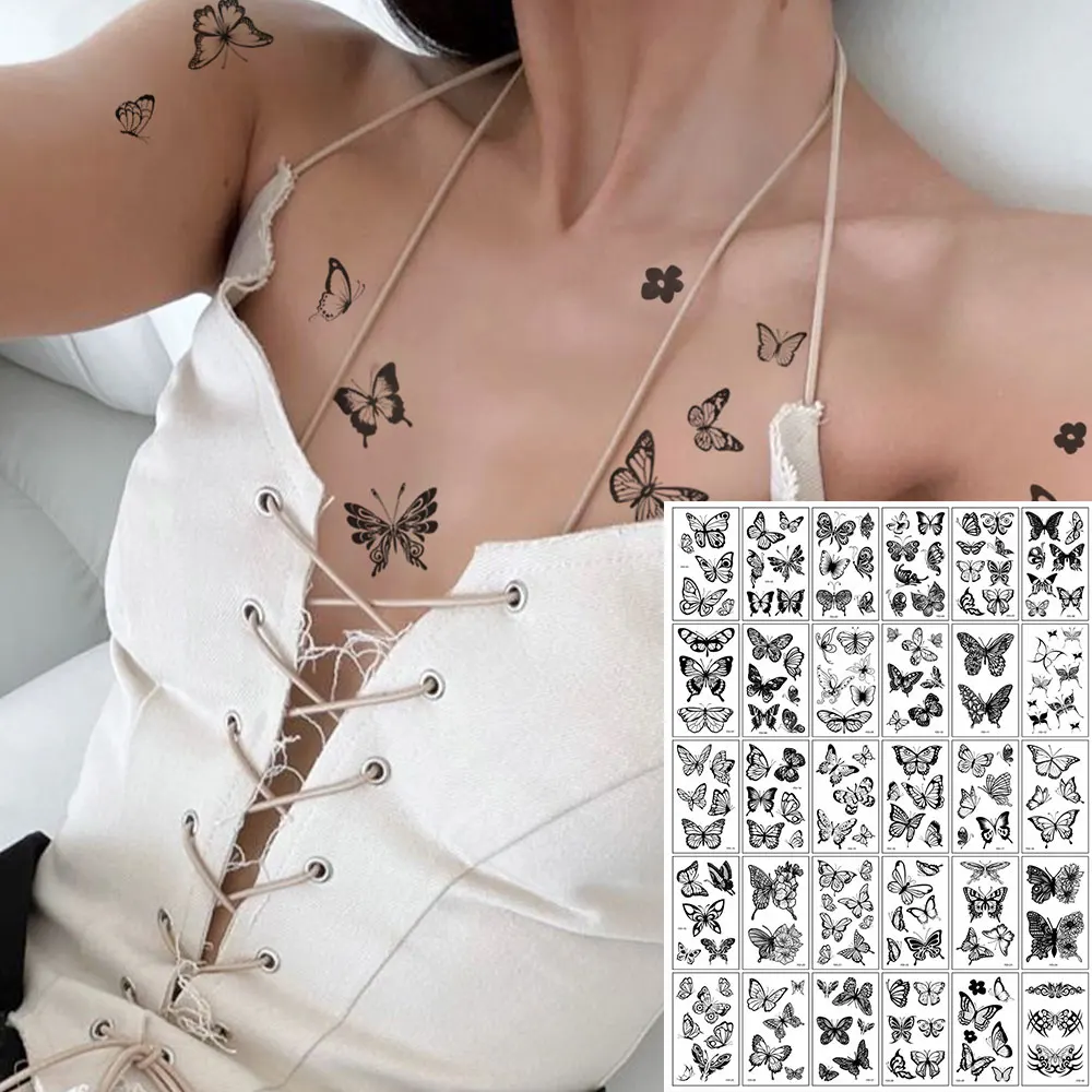 

30 шт. водонепроницаемых временных тату-наклеек: бабочки, кружева, цветы, шипы. Наклейки для тела, рук, шеи, талии. Фальшивые тату-рукава для женщин и мужчин.