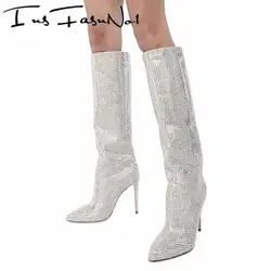 High Heel Bling Wedding Shoes Pointed Toe Crystal Bride Boots Rhinestone Slip On Women Knee Boots Strass Slim Sexy Heel Botas