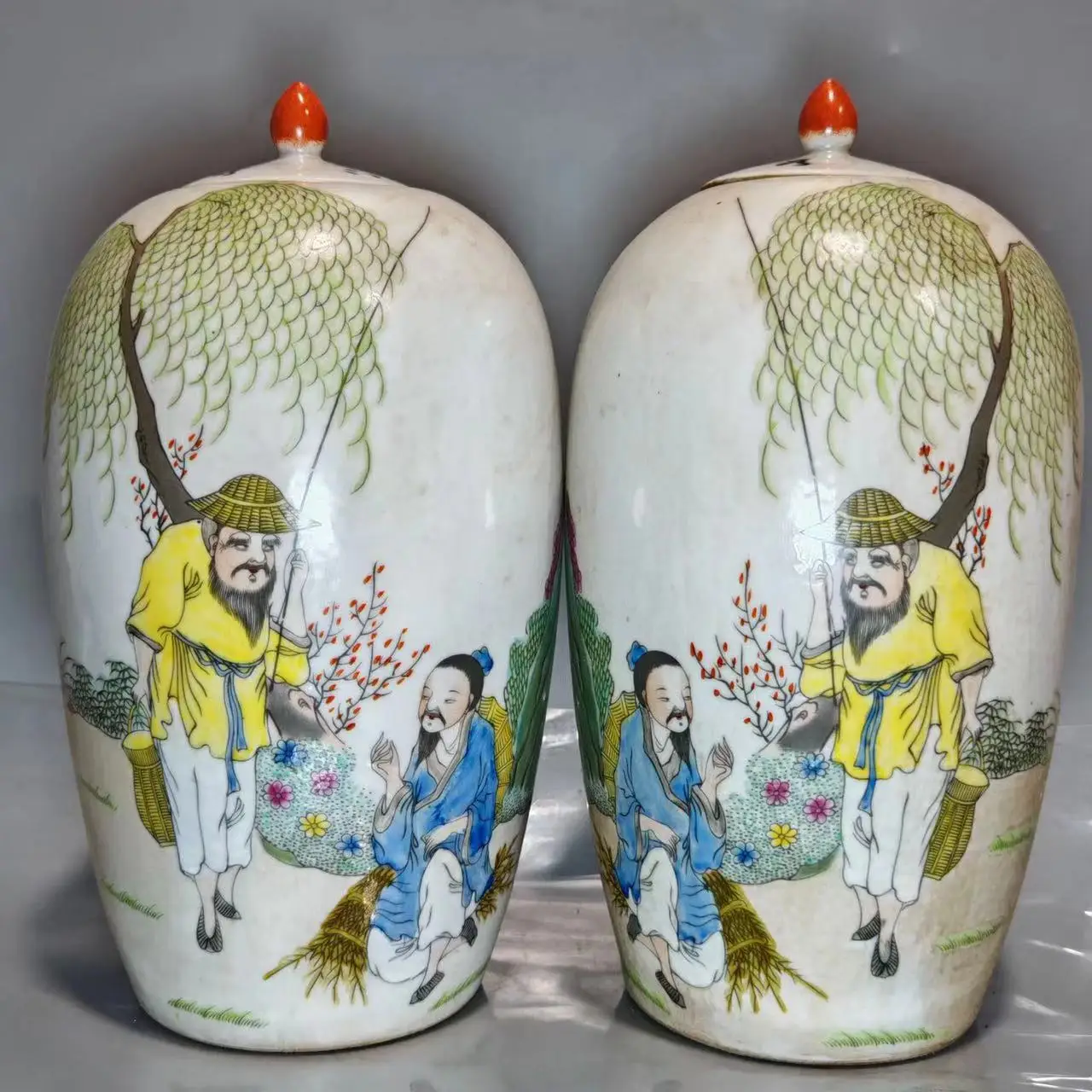 Rare Old China porcelain vase,Fisherman,Pastels glaze,A Pair,Hand Painted Decoration /Collection/ craft