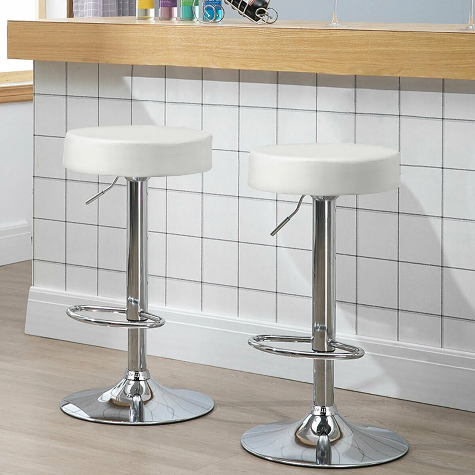 

2PCS Adjustable Swivel Bar Stool PU Leather Kitchen Counter Bar Chairs White