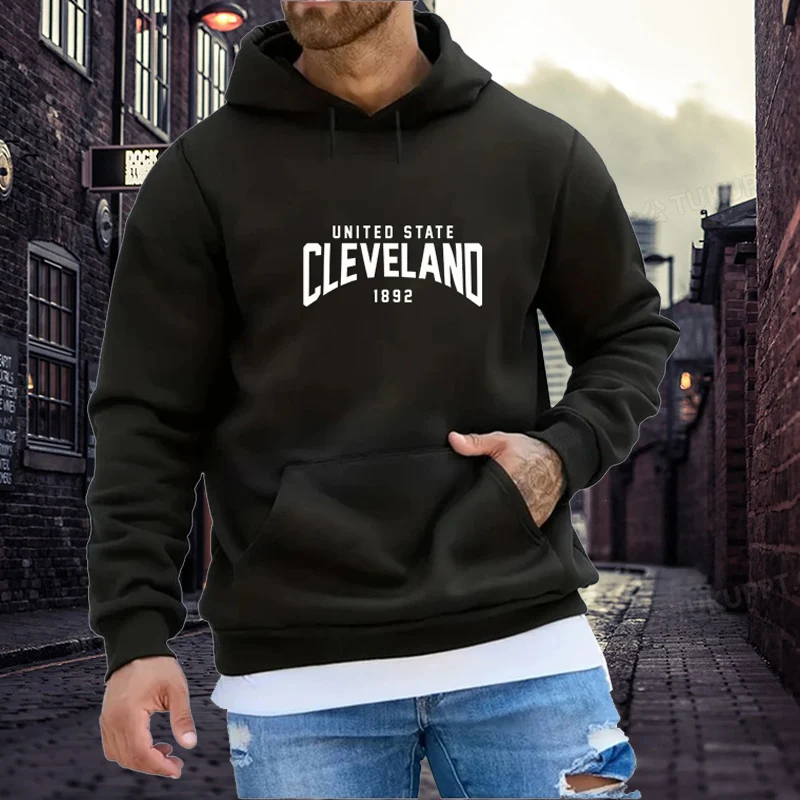 Men Cleveland Printed Hoodie Fashion Letter Long Sleeve Hooded Sweatshirt Drawstring Graphic Male Hoody Pullover Top