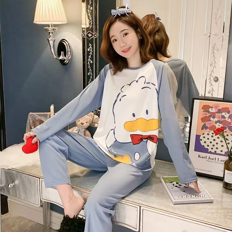 Large Size Long-Sleeved Pajamas Ladies O-Neck Loose Cartoon Dinosaurs Duck Easy to Wash Ruffled Sweet Homewear Kawaii Nightwear