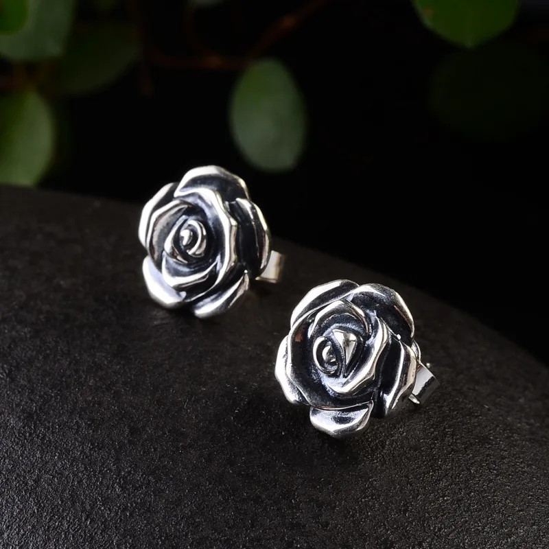 925 Sterling Silver Rose Earrings for Women Studs Earring Set Retro Antique Style Silver 925 Jewelry