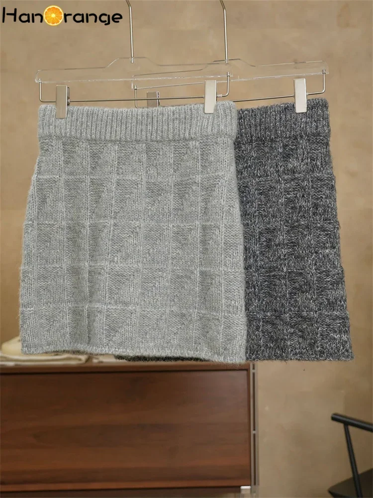 HanOrange 2024 Winter Fashion Hip Wrap Wool Mini Skirt Soft Comfortable Knitted Plaid Skirt Black Gray/Light Gray