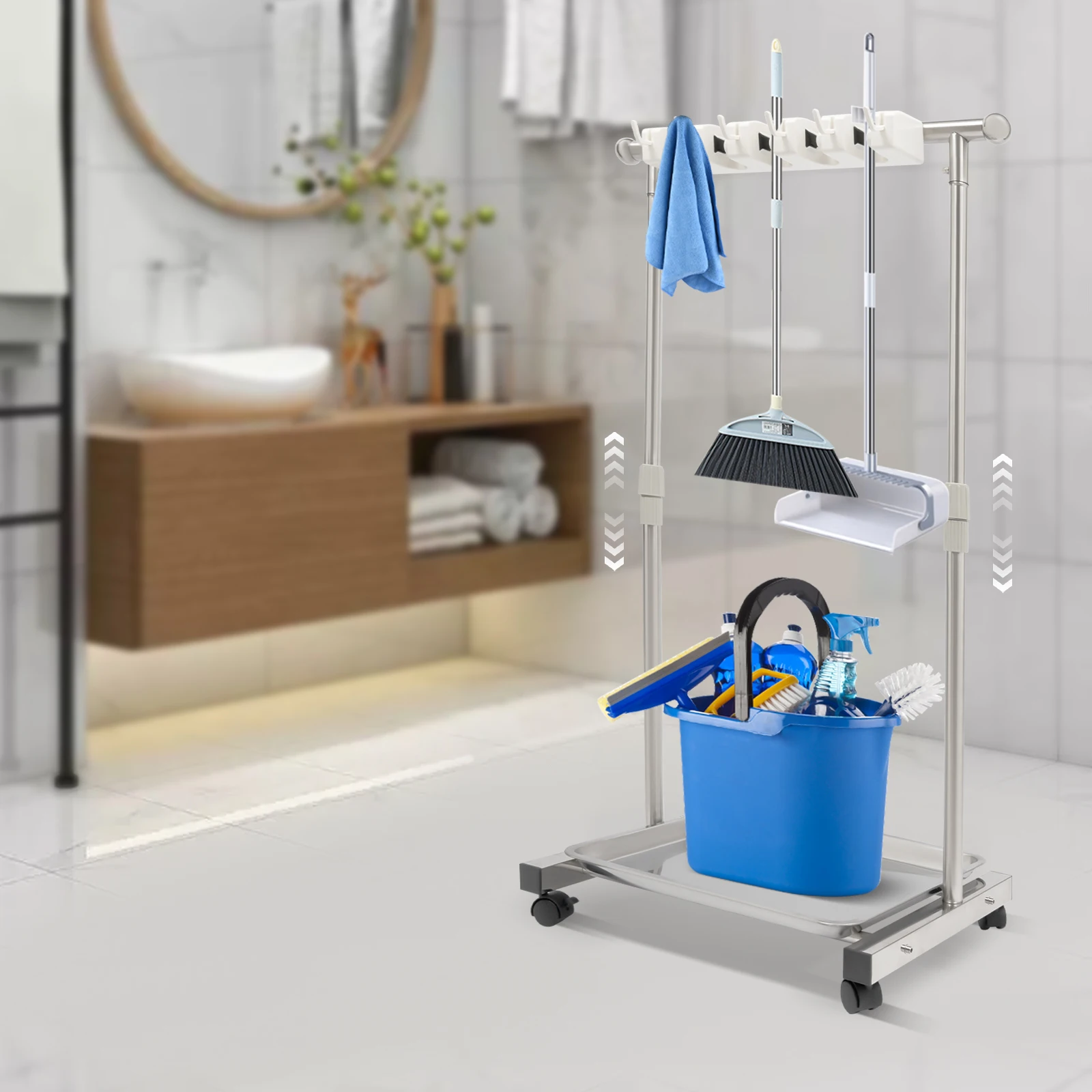 

Stainless Steel Broom and Mop Holder, Freestanding Cleaning Organizer W/ 4 Lockable Wheels & 6 Hooks, Adjustable Height 34-51in