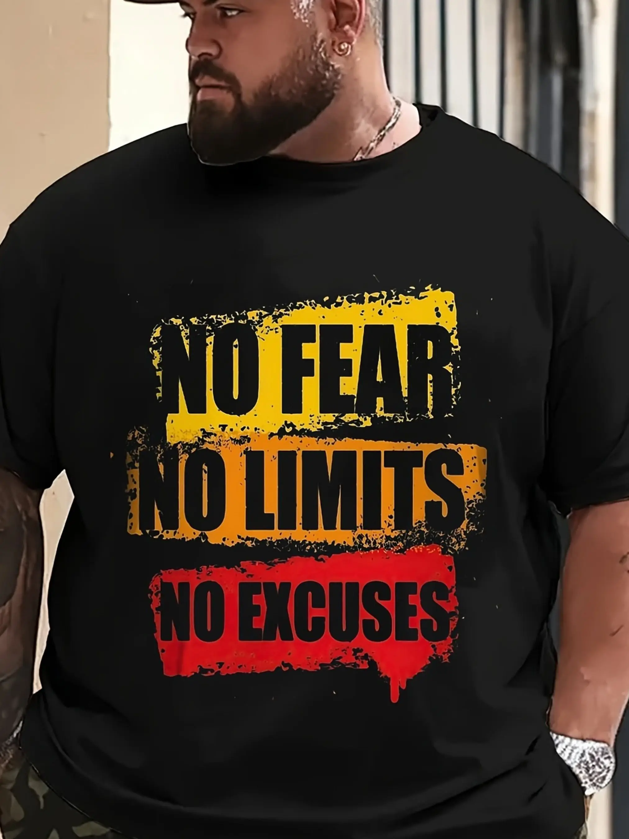 남성용 동기부여 피트니스 티셔츠 - 두려움 없는, 무제한, 변명 없는 피트니스 티셔츠