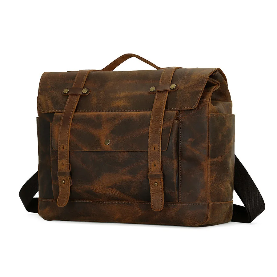 Cool Fashion Lederen Motortas Voor Mannelijke Handtas Gek Paard Leren 15.6 Laptop Computertas Man Mannelijke Messenger Bag