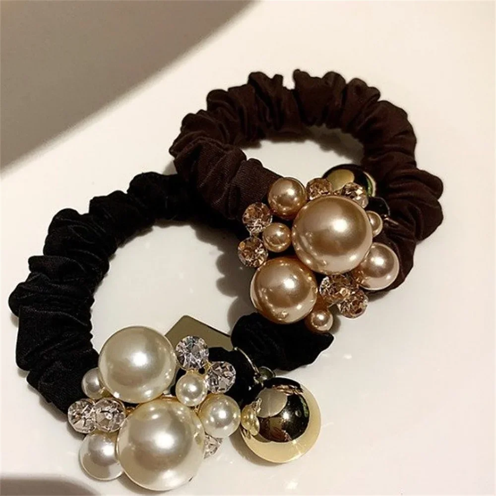 Head Flower Pearl Rhinester Hair Rope Round Ball Head Ring Wrinkled Intestine Ring Women Ponytail Rubber Band Fashion Scrunchies