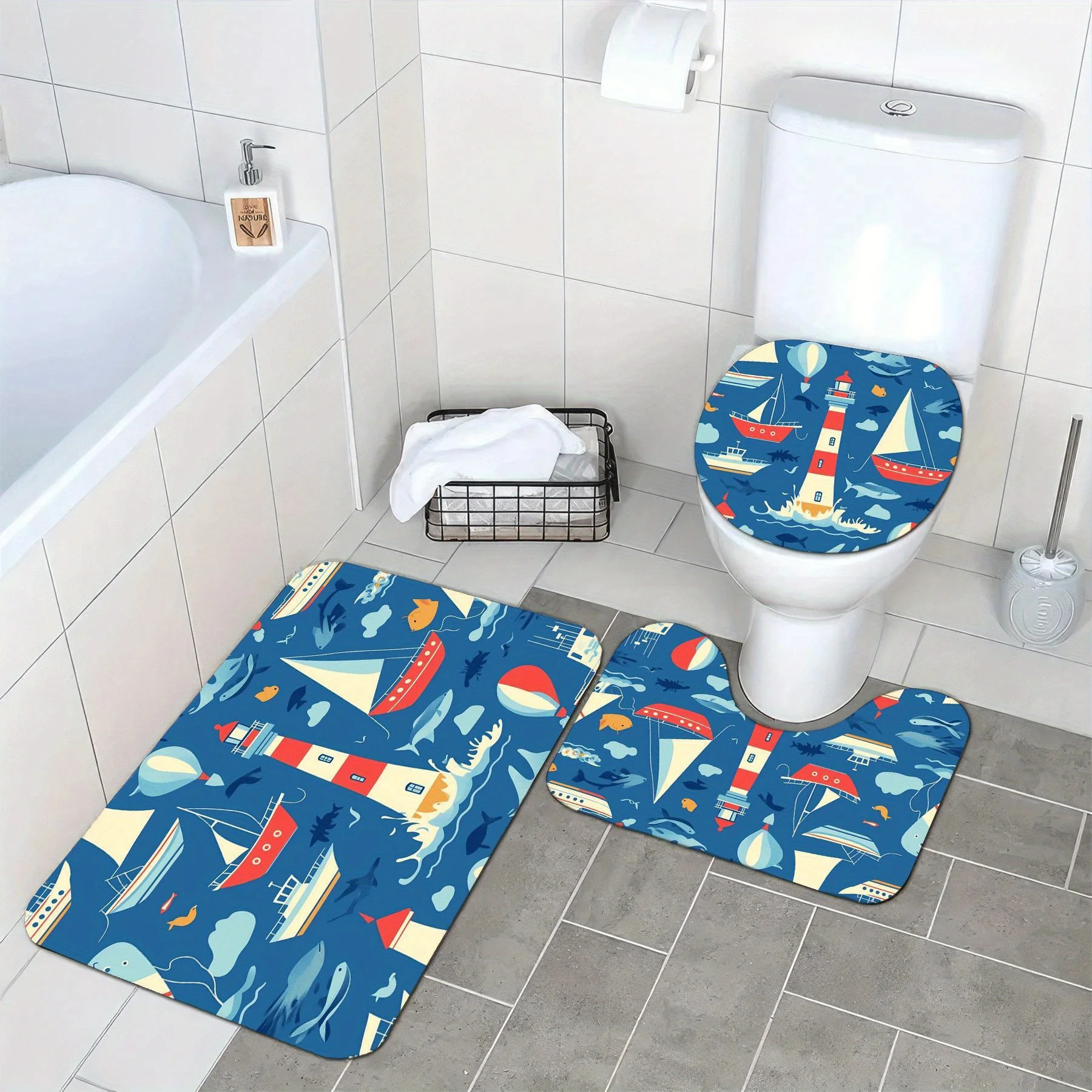 3pcs Nautical Bathroom Mat Set with Sailboat & Lighthouse Print - Soft Flannel, U-Shaped Toilet Lid Mat & Bath Towel Contour Mat