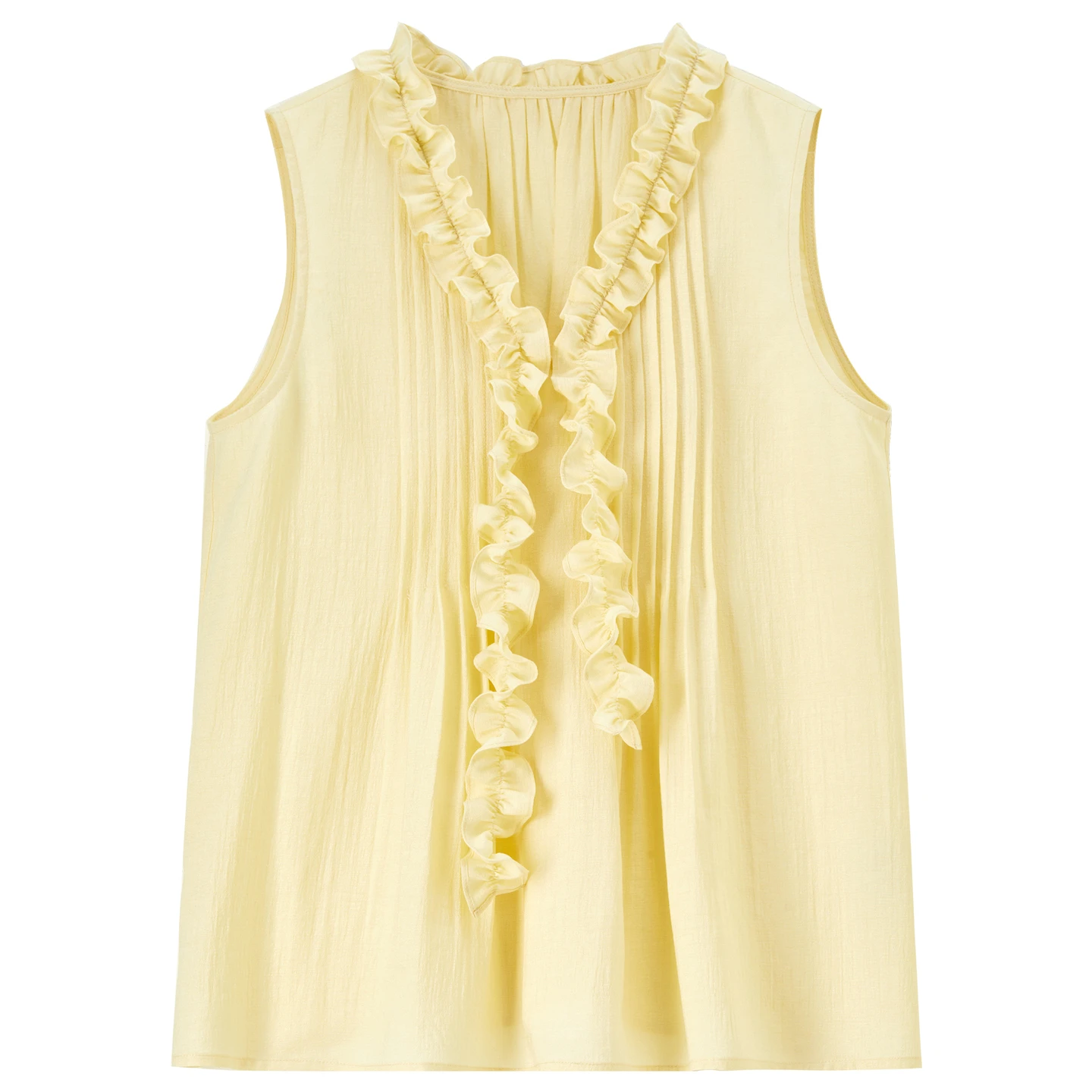 SENTUBILA Women's Yellow V Neck Chiffon Blouse 2026 Summer Elegant Ruffle Trim Pleated Design Sleeveless Casual Shirt 162VA6380