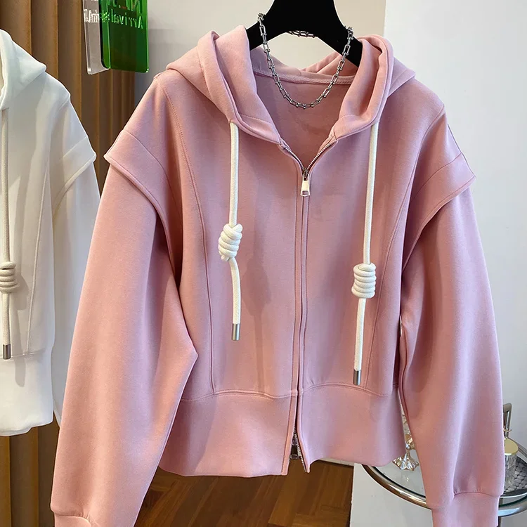 Hoodie ritsleting ganda minimalis wanita, pakaian atasan desain sambungan pendek warna polos musim gugur untuk perempuan