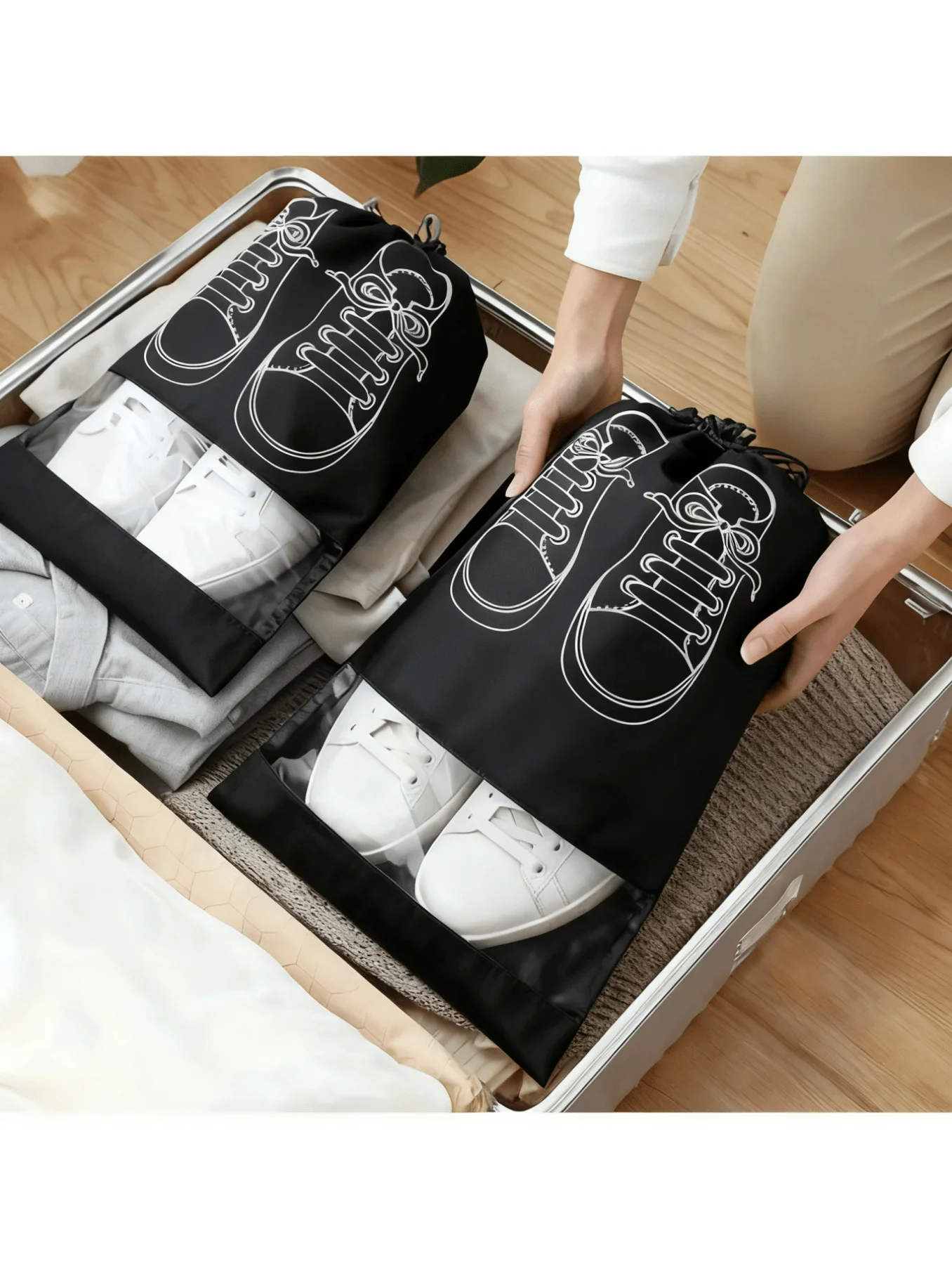 

A compact travel storage and organizing bag, a portable and sturdy shoe bag - providing portable shoe protection.