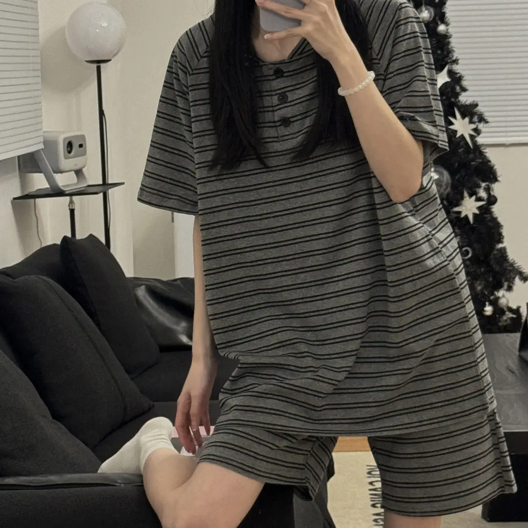 Striped Women Pajamas Sets for Home Summer Button Sleepwear Shorts Sleeve Bow 2 Pieces Night Wears Korean Casual Home Suit 2024