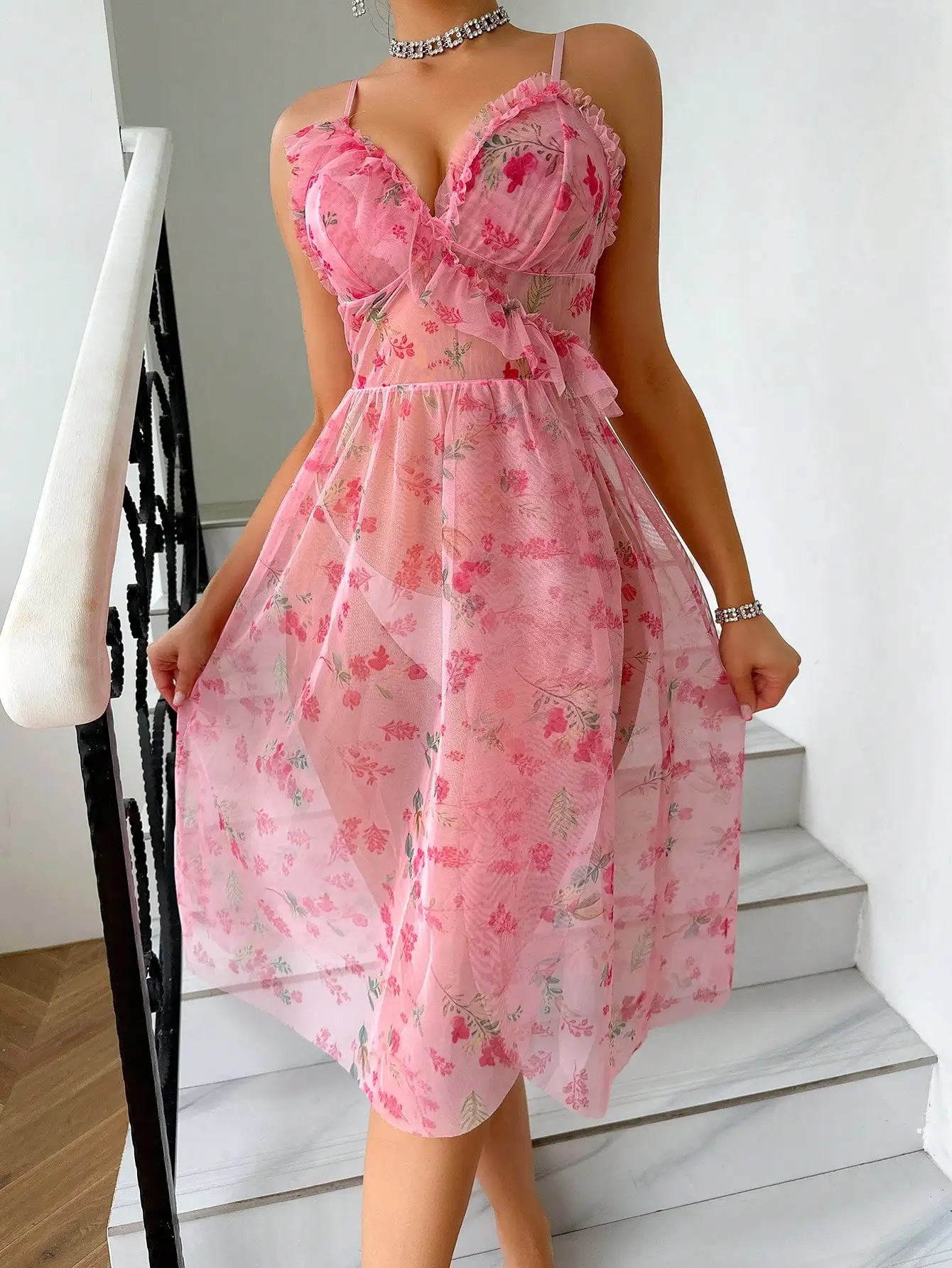 Sexy Pink Flower Print Lace Split Nightdress Summer See-through Breathable Pajama Homewear Deep V Backless Sling Women Underwear