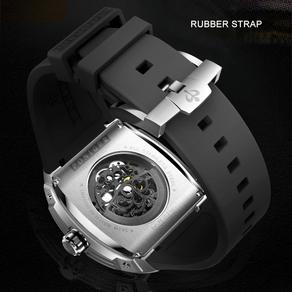 PONIGER Men Automatic Watch 46mm*51mm Tonneau Mechanical Wristwatch Sapphire Luminous 5ATM Waterproof Skeleton Dial Rubber Strap