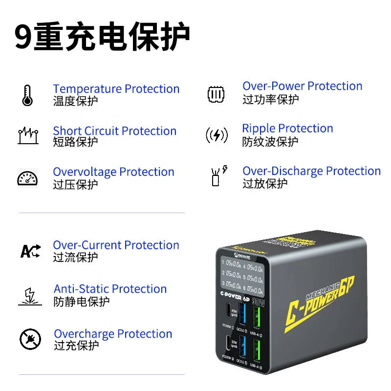 ميكانيكي C-POWER سلسلة متعددة المنافذ USB شحن سريع ذكي شاشة ديجيتال شاحن مقبس الطاقة محطة دعم PD QC3.0