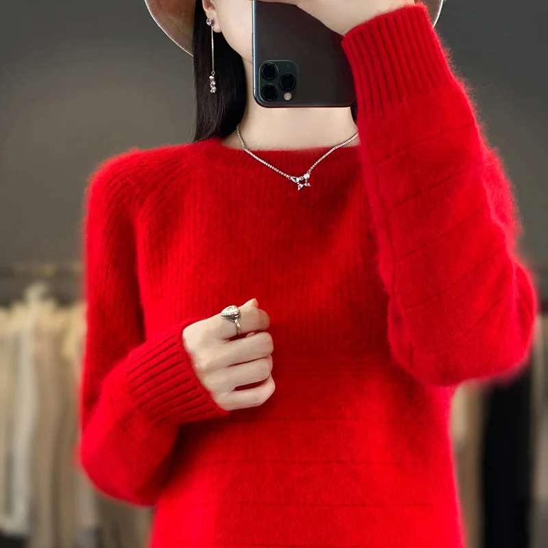 23 Autumn Winter New Mink Fleece Knitwear Women's Round Neck Long Sleeve 100% Mink Fleece Jacquard Panel Thickened Warm Knitwear