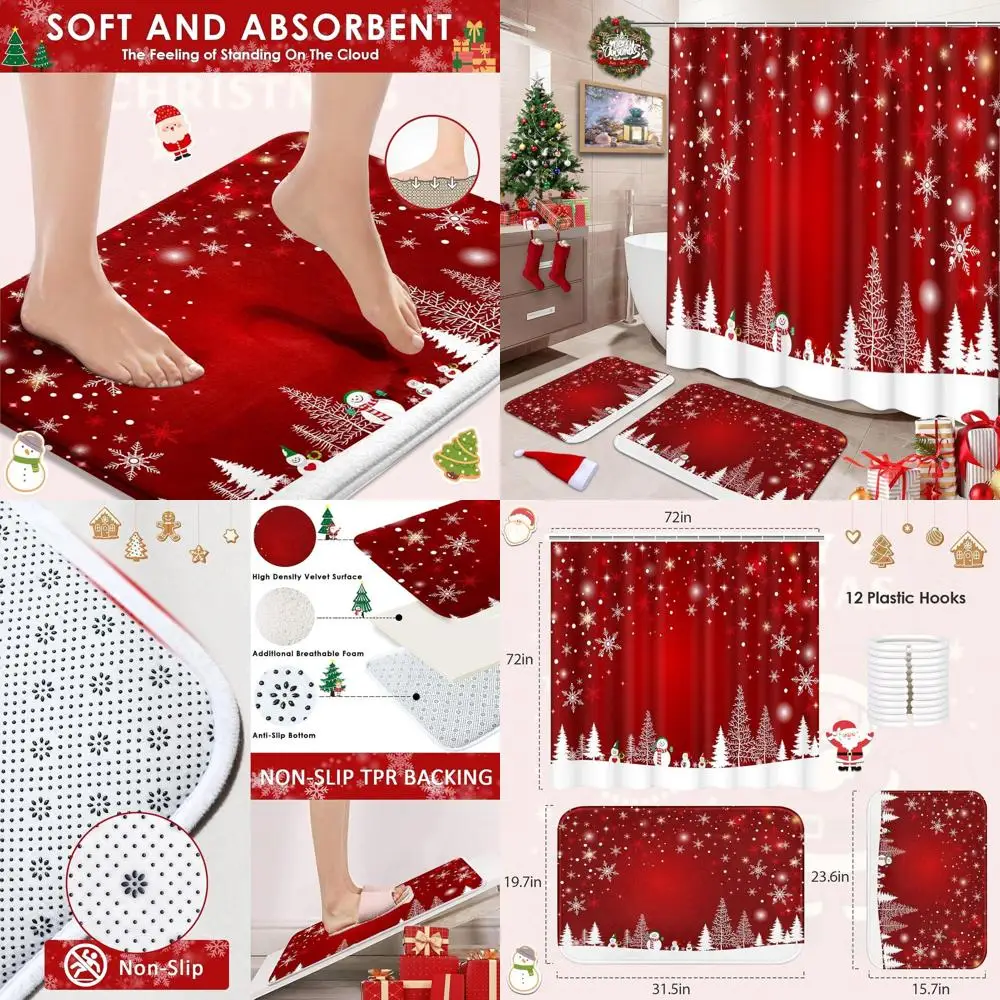 

Red Snowflake Shower Curtain Set with 3-Piece Snowman Christmas Bathroom Decor