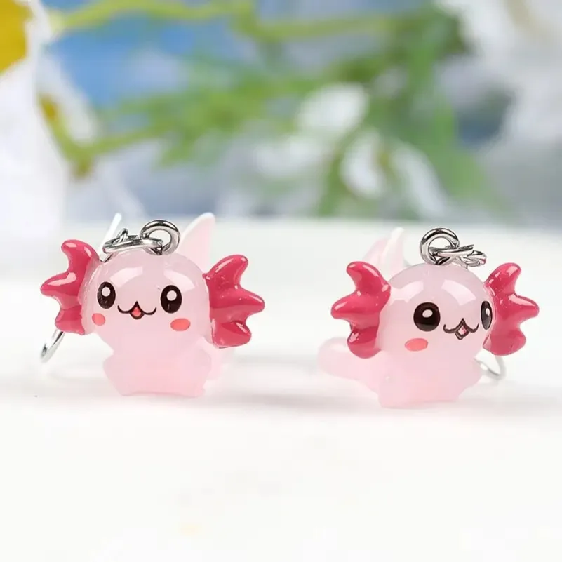 Funny Pink Salamander Pendant Women's Hook Earrings Cute Dragonfish Handmade Jewelry Earrings Animal Enthusiasts Gift