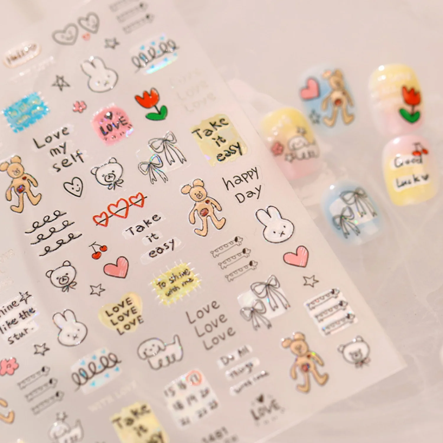 5D Hand Drawn Sketch Nail Stickers Rabbit Bear Dog Tulip Heart Bow Number Calendar Tag Decals Minimal Self Adhesive DIY Decor