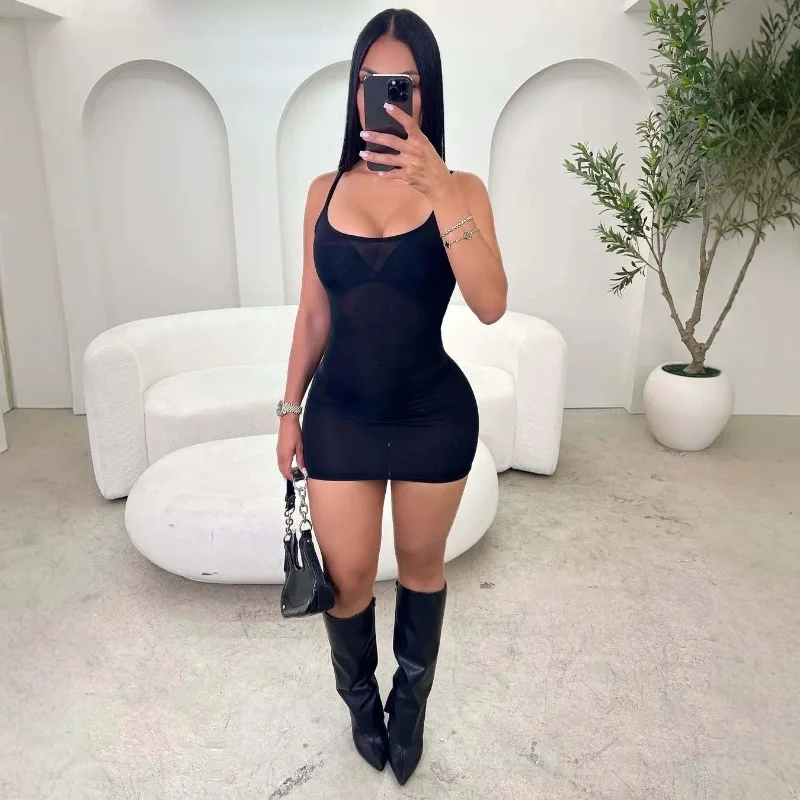Women Shiny Glossy Body Stocking Dress, Sexy See Through Spaghetti Strap Mini Dress Night Club Party Lingerie