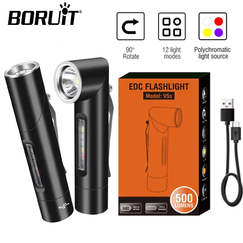 BORUiT V5S Mini EDC LED Flashlight Type-C Rechargeable Lamp With UV Light Work Spotlight Waterproof Camping Lantern