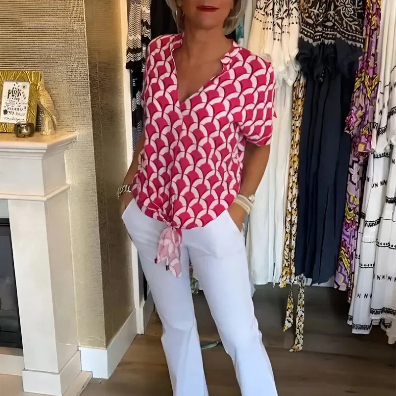 Vintage nadruk geometryczny sznurowana bluzka z krótkim rękawem dekolt w serek damskie topy swetry wiosna lato elegancka koszula Streetwear