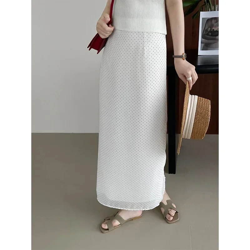 

White Polka Dot Straight Maxi Skirt Women's High Waist Slimming Bottom