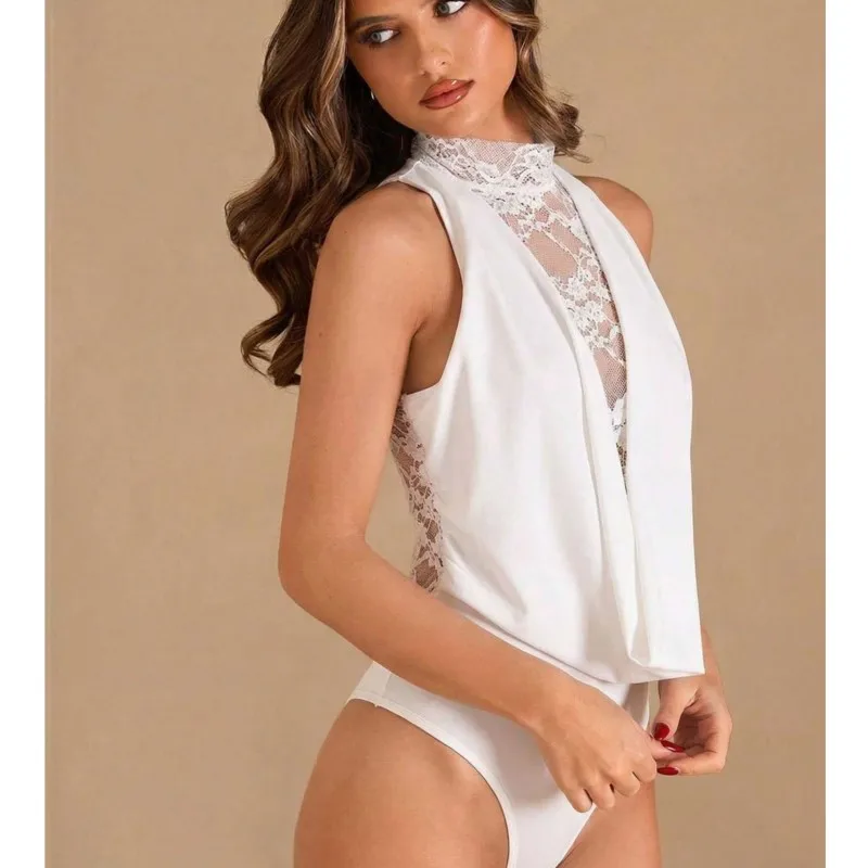 

Women's Romper New Style Halter Neck High Collar Lace Mesh Swing Collar Sexy Backless Sleeveless White Jumpsuit Women Clothing